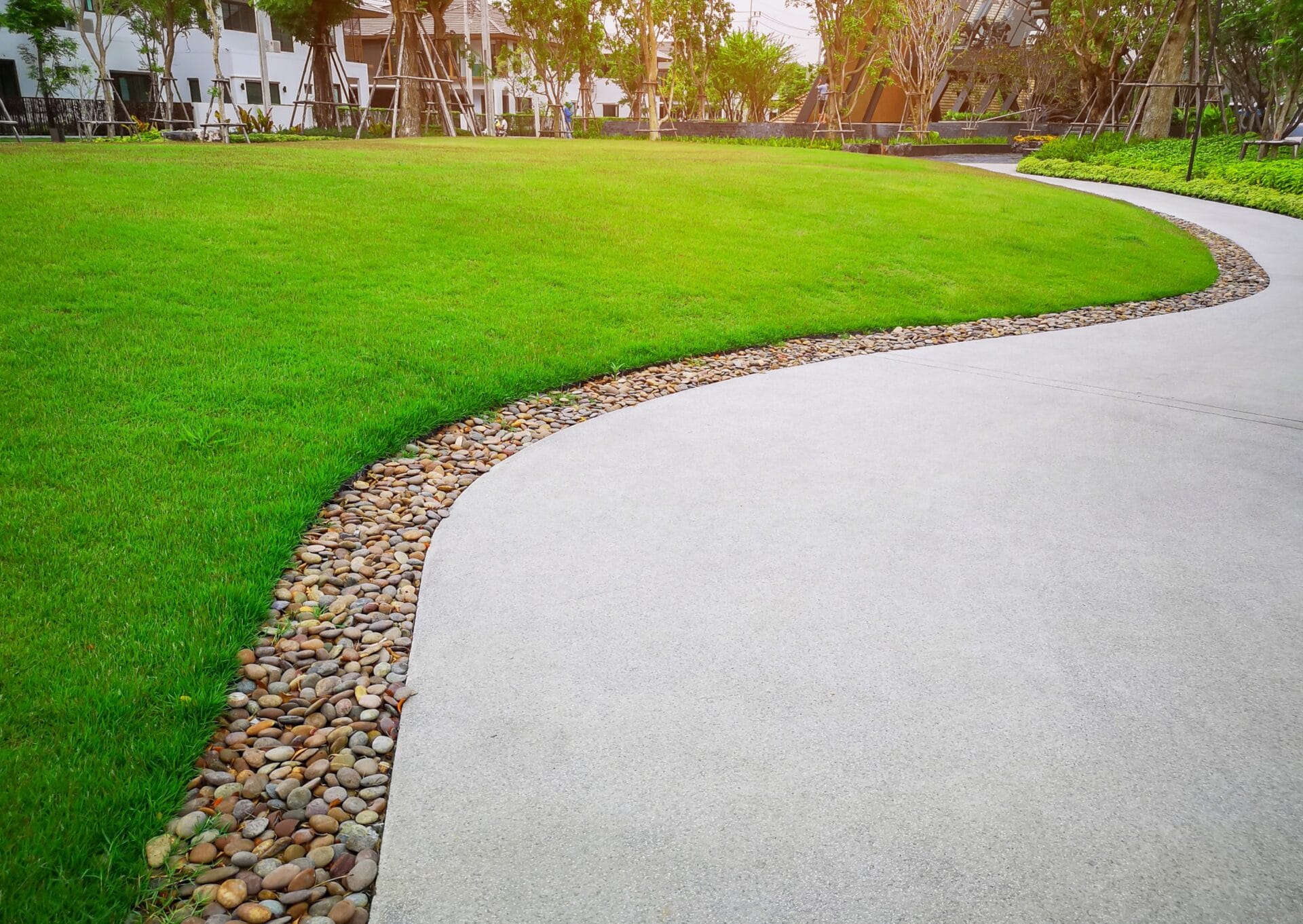 Smooth green grass lawn with gray curve pattern walkway, sand-washed finishing on concrete paving with brown gravel border, trees with supporting and shrubbery - turf installation by Zebrascapes