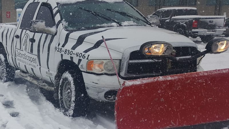 Zebrascapes truck removing snow using a snow plow attachment