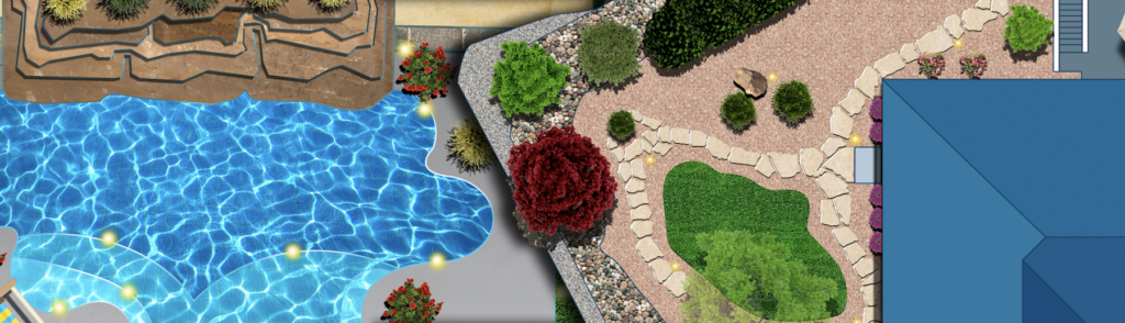 landscape design zebrascapes: outdoor living area, aerial 2D rendering