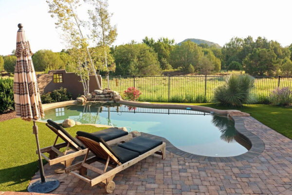 Zebrascapes pool design featuring custom pool with hardscape features surrounded by natural landscaping and artificial turf