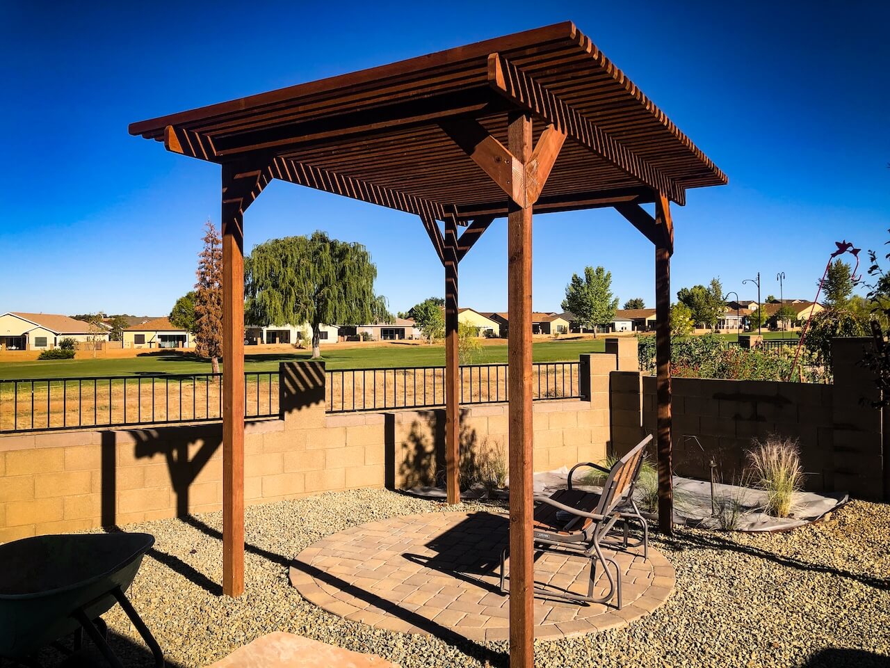 Zebrascapes' custom built pergolas provide shade from the Arizona heat