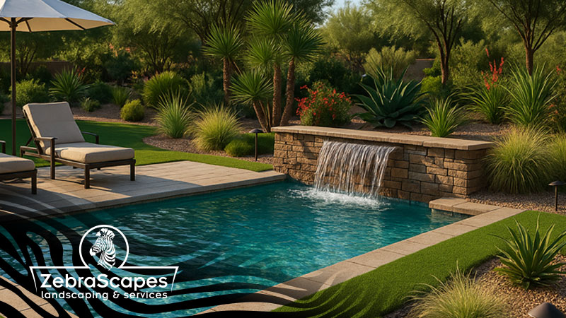 A Zebrascapes poolside hardscape featuring a mini waterfall