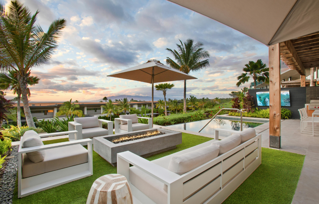 custom designed outdoor living area at dusk