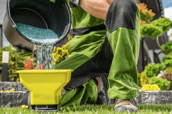 a close up of fertilizer being applied by a landscaping professional